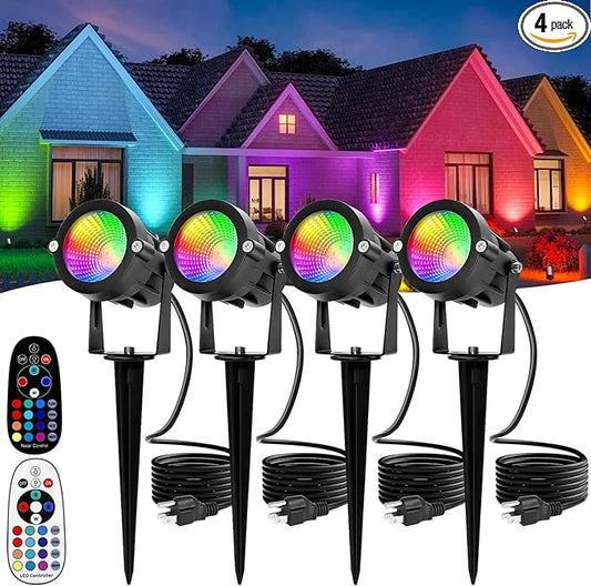 Multi Colored Spotlights Outdoor: RGBW LED Spot Light Plug in 120V Remote Control 16 Color Changing Landscape Light Spot for Lawn Yard Garden Outside Path Tree Holiday Décor, 4 Pack (RGB+Warm White) CoziTech