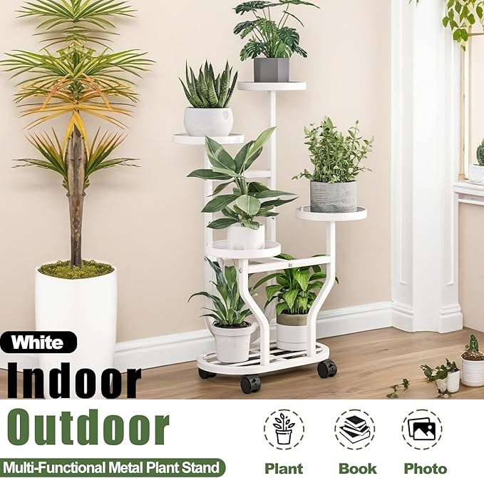 Plant Stand Indoor Outdoor 4 Tier Flower Holder with Wheels Metal Plant Shelf Corner Display Rack Multi Plants Sheleves for Living Room Garden Patio White YIZAIJIA