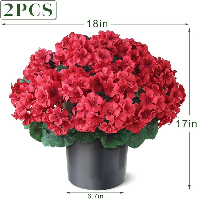 2 Pack Artificial Geranium Flowers Topitary Trees for Outdoors, UV Resistant Geraniums Potted Bushes Look Real Silk Faux Plants for Front Door Garden Porch Planter Farmhouse Home Decor (Red) GLIDLION