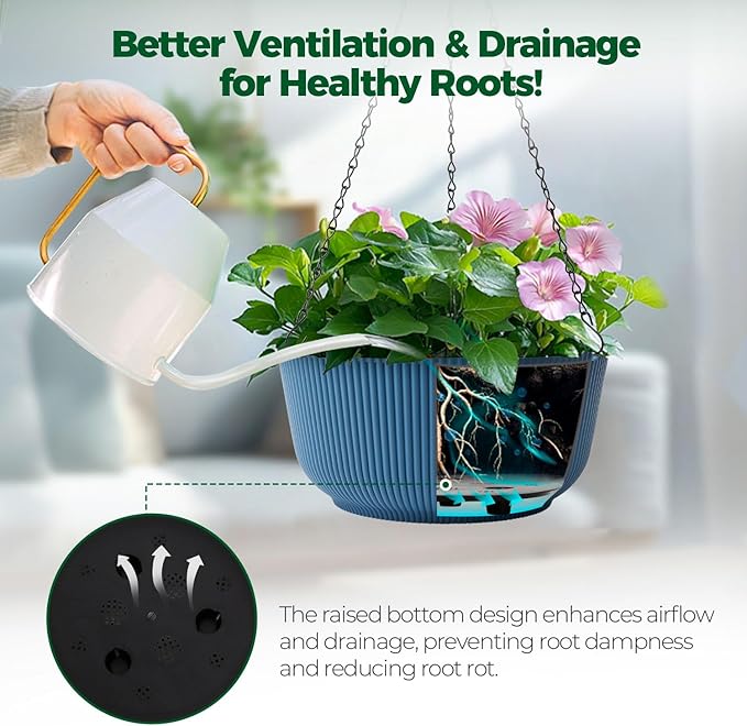 T4U 10 Inch Hanging Planters for Indoor Outdoor Plants, Hanging Baskets for Plants Pack of 2, Self Watering Hanging Pots with Drainage Hole for Garden Home Decor, Blue T4U