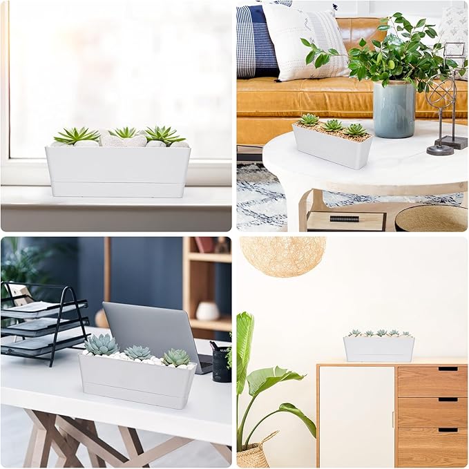 GREANER Flower Boxes, 3 Pack 12x3.8 Inch Rectangle Window Boxes, Herb Planters with Tray, Indoor Succulent Cactus Flowers Plastic Drawable Pot for Windowsill, Garden, Balcony, Office Outdoor (White) GREANER