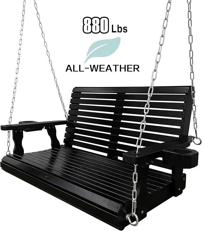 Wooden Porch Swing 2-Seater, High Backrest and Deep Seat, Bench Swing with Cupholders, Hanging Chains and 7mm Springs, Heavy Duty 880 LBS, for Outdoor Patio Garden (Carbon Black - 4 FT Extra Large) FortuneCandy
