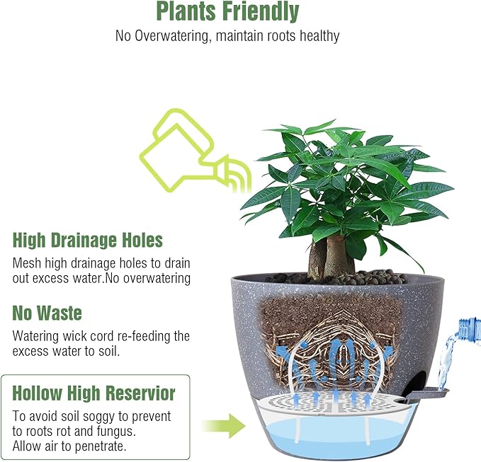 12 inch Large Self Watering Pots, Plastic Planters with 60oZ Removable Deep Reservoir and Multi Mesh Drainage Holes for Indoor Outdoor Garden Plants and Flowers, Grey Speckles UOUZ