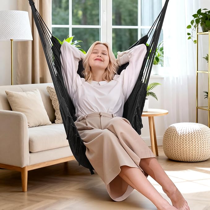 Y- STOP Hammock Chair Hanging Rope Swing, Max 500 Lbs, 2 Cushions Included, Large Macrame Hanging Chair with Pocket, Cotton Weave for Superior Comfort, Durability (Dark Grey) Y-STOP
