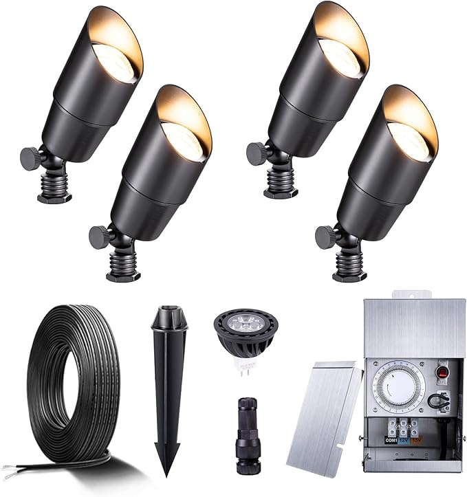 Gardenreet Black Brass Landscape Lighting Kit (4-Pack LED Spotlights) with Low Voltage Transformer 75W and Mechanical Timer and 100FT Cable and 20Pack Wire Connectors for Outdoor Garden Patio Gardenreet
