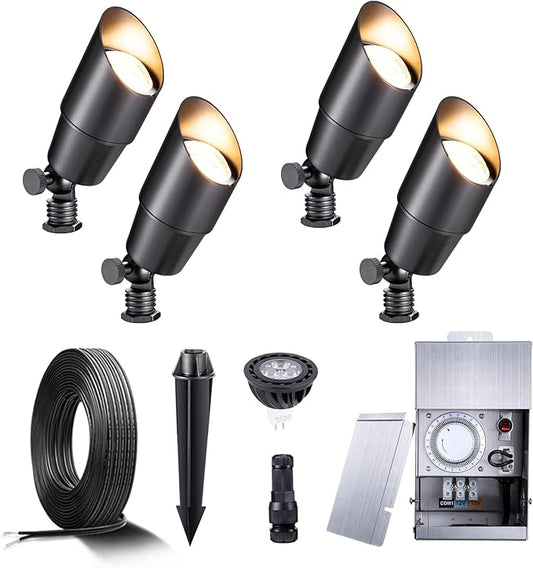 Gardenreet Black Brass Landscape Lighting Kit (4-Pack LED Spotlights) with Low Voltage Transformer 75W and Mechanical Timer and 100FT Cable and 20Pack Wire Connectors for Outdoor Garden Patio Gardenreet