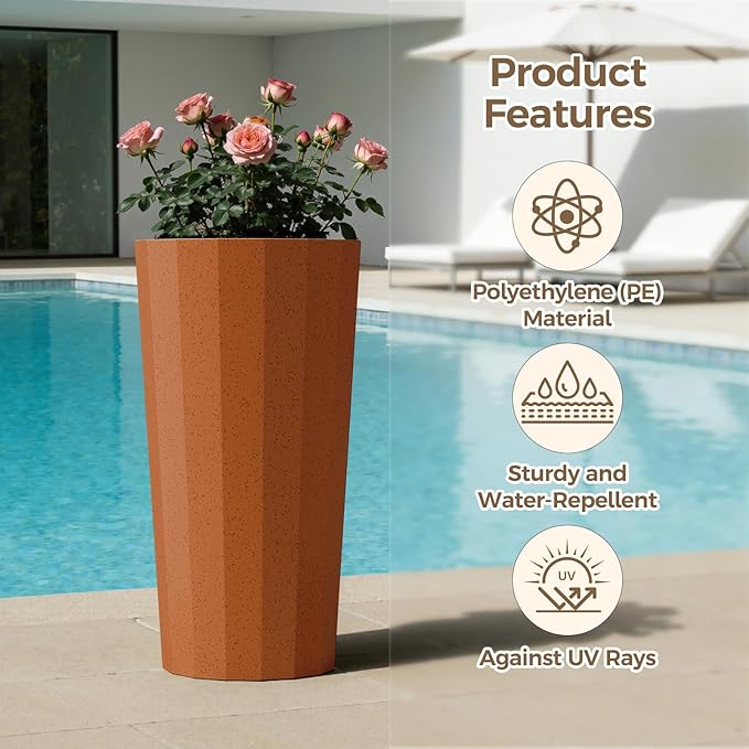 23.6" Tall Outdoor Planters Set of 2, Large Planters for Outdoor Plants for Porch Decor with Drainage Hole, Wide Stripe Design Porch Flower Pots for Indoor Pot Patio/Garden, Terracotta Outdoorchairs