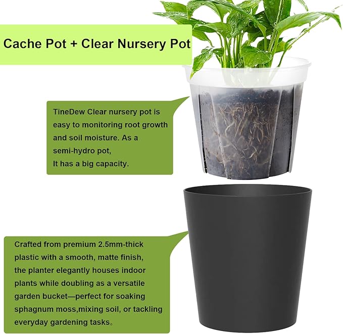 3 Pack of 6in Plastic Cachepot with 6 inch Clear nusery Pot - self Watering Indoor Planter with Drainage for Root Visibility,semi Hydro pots for repotting Orchids,Aroid or Monstera,Black TineDew