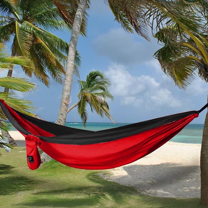 Gold Armour Camping Hammock - XL Double Hammock Portable Hammock Camping Accessories Gear for Outdoor Indoor with Tree Straps, USA Based Brand (Red and Black) GoldArmour