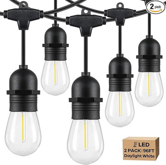 Lakumu 2-Pack 96FT Outdoor String Lights with Waterproof Shatterproof Dimmable 5000K Daylight White E12 Filament S14 LED Bulbs for Backyard Hanging Lights Linkable Patio Light for Deck Bistro Pergola Lakumu