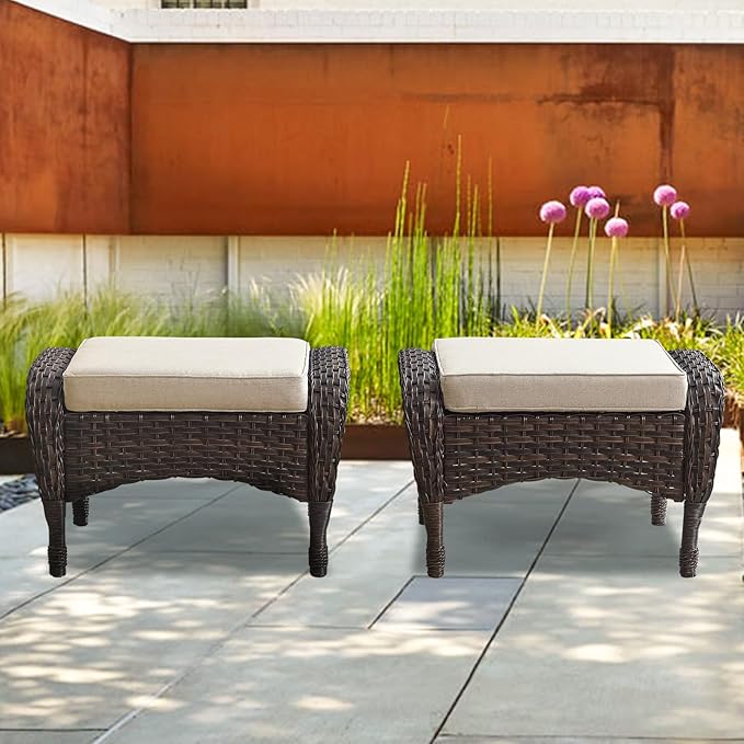 Belord Outdoor Ottomans for Patio Foot Rest - 25 Inch PE Wicker Foot Stool Set of 2 with Removable Cushions for Patio Furniture Sets,All Weather Rattan Ottoman for Balcony Deck Backyard Brown Belord