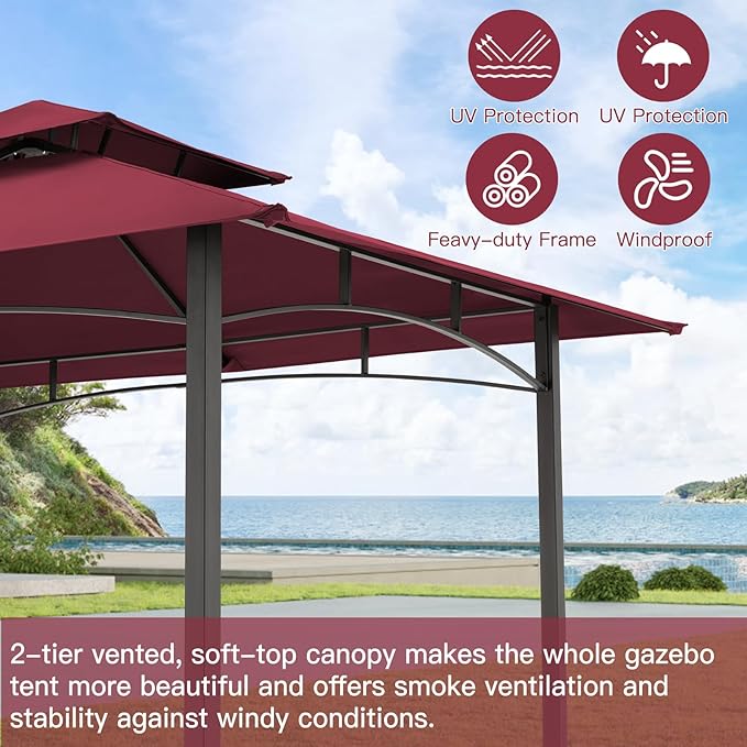 AECOJOY 8' x 5' Grill Gazebo, Grill Canopy for Outdoor Grill, 2- Tier BBQ Gazebo Shelter for Patio, Backyard and More (Wine Red) AECOJOY