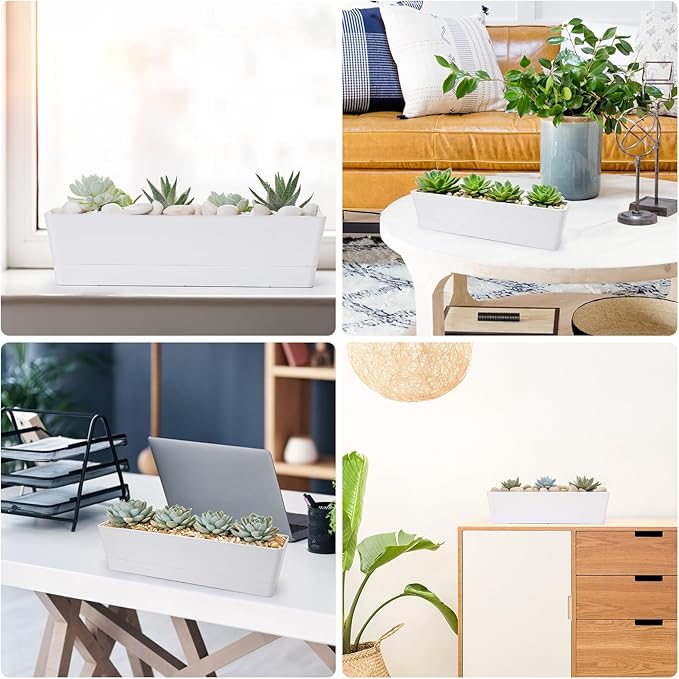 GREANER 16x3.8 Inch Window Boxes Planters, 1PCS White Vegetable Herb Planters with Tray, Indoor Succulent Cactus Flowers Plastic Rectangle Pot for Balcony, Office, Garden, Outdoor, Windowsill GREANER