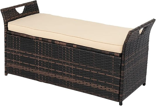 VINGLI 40 Gallon Outdoor Rattan Deck Box w/Cushion, Patio Wicker Storage Box, Garden Deck Storage Bin for Garden, Balcony, Porch, Pool, Yard, Brown VINGLI