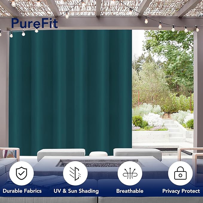 PureFit Outdoor Curtains for Patio Waterproof Weatherproof, UV Resistant Outside Curtains for Gazebo, Front Porch, Pergola, Sun Blocking Privacy Curtain, 100x108 inch, 1 Panel, Teal PureFit