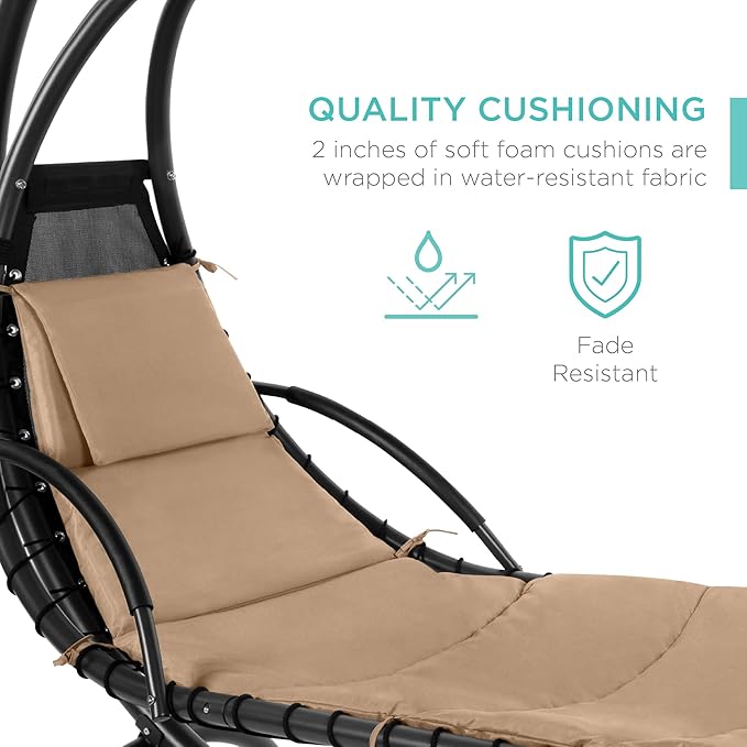 Best Choice Products Outdoor Hanging Curved Steel Chaise Lounge Chair Swing w/Built-in Pillow and Removable Canopy - Tan BestChoiceProducts