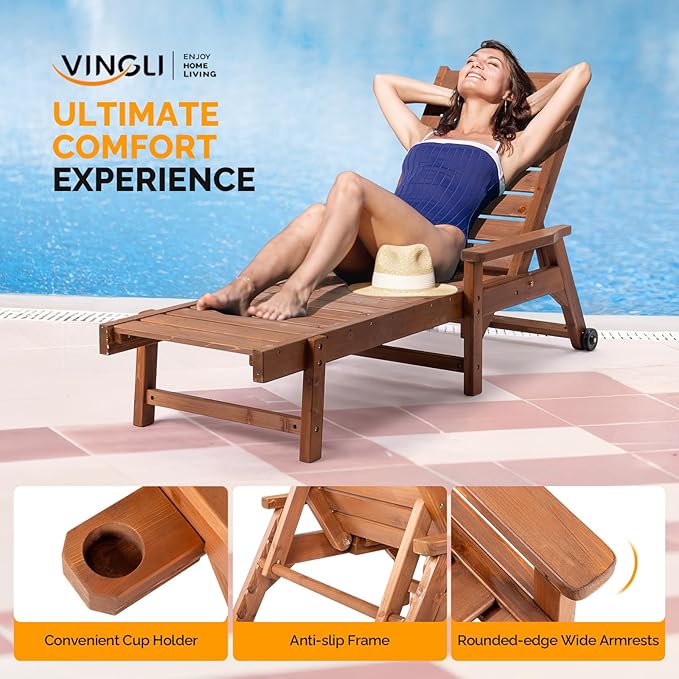 VINGLI Outdoor Chaise Lounge Chair, Wooden Patio Lounger Chair with Adjustable Backrest, Pool Chaise Lounge with Cup Holder & Wheels for Sunbathing Poolside Beach, Brown VINGLI