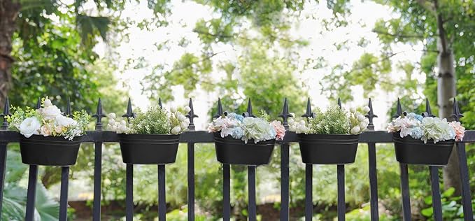 Dahey 10.5 Inch Metal Iron Hanging Flower Pots for Railing Fence Hanging Bucket Pots Countryside Style Window Flower Plant Holder with Detachable Hooks Home Decor,Black,5 Pcs Dahey