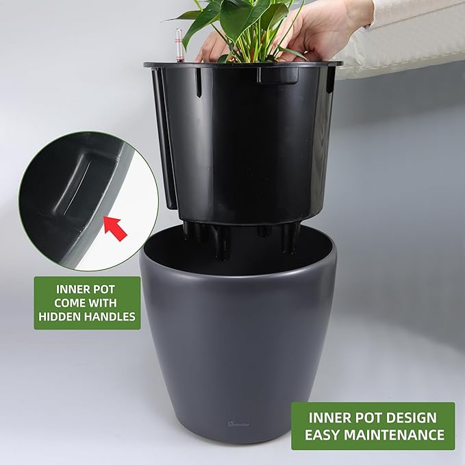 Dexceder 13x12 Self Watering Planter with Wheels Indoor Outdoor, Inner Pot Design, Thickened Large Floor Standing Flower Plant Pot with Water Level Indicator (Slate Gray Matte) Dexceder