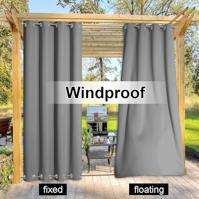 NICETOWN 2 Panels Sliver Grey Blackout Outdoor Curtains for Patio Waterproof 84" Long, Top and Bottom Rustproof Grommet Heavy Weight Windproof Drapes, Keep Privacy for Porch, W52 x L84 NICETOWN