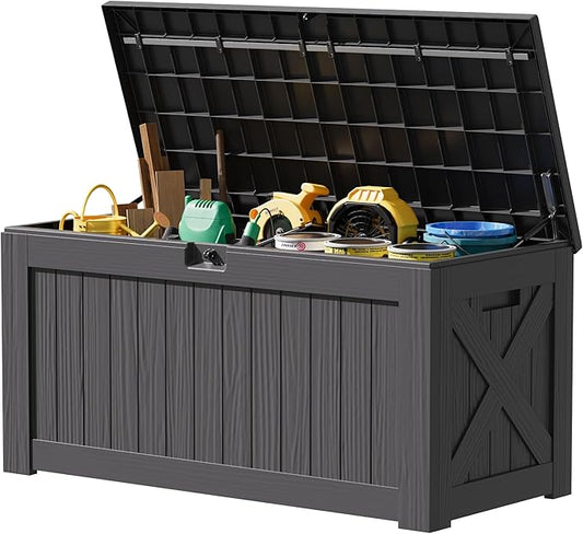 JUMMICO 120 Gallon Resin Deck Box, Large Outdoor Storage Box Waterproof & Lockable for Garden, Patio, Pools (Gray) JUMMICO