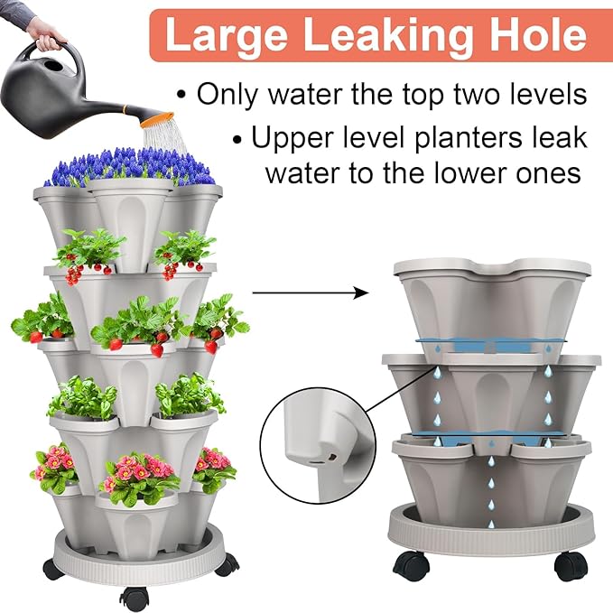 GameXcel Vertical Planter 5 Tier Stackable Planters Garden Planters Strawberry Herb Flower and Vegetable Planter Indoor Outdoor Gardening Pots with Removable Wheels and Tools 2-Pack GameXcel