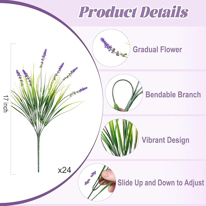 24 Pcs Artificial Faux Plants for Outdoor Spring Decoration, Fake Monkey Grass for Garden Porch Balcony Planters, Fake Greenery Shrubs UV Resistant No Fade Plants Bush for Pathway(Purple) Ammyoo