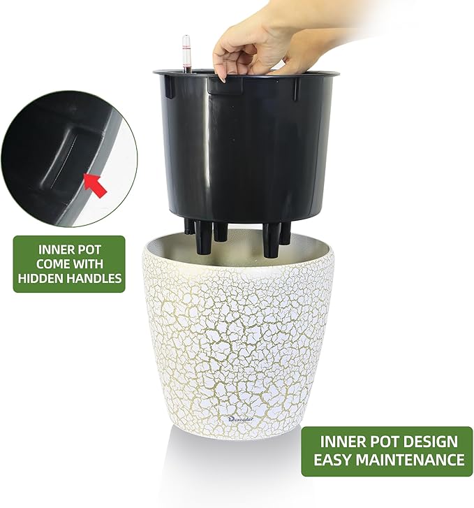 Dexceder 9x8 Inches Self Watering Planter Indoor Outdoor, Inner Pot Design, Thickened Table Flower Plant Pot with Water Level Indicator (White Gold Crackle) Dexceder