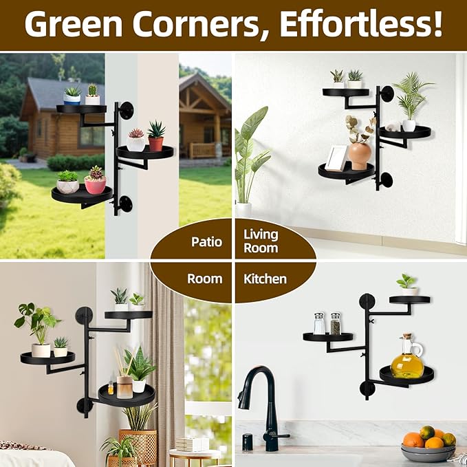 Rotating Window Plant Shelves with Adjustable Knobs, 3 Tiers Metal Wall Shelf for Plants Indoor, Sturdy Hanging Plant Holder, Window Wall Decor & Gardening Gifts (Black) Rootora