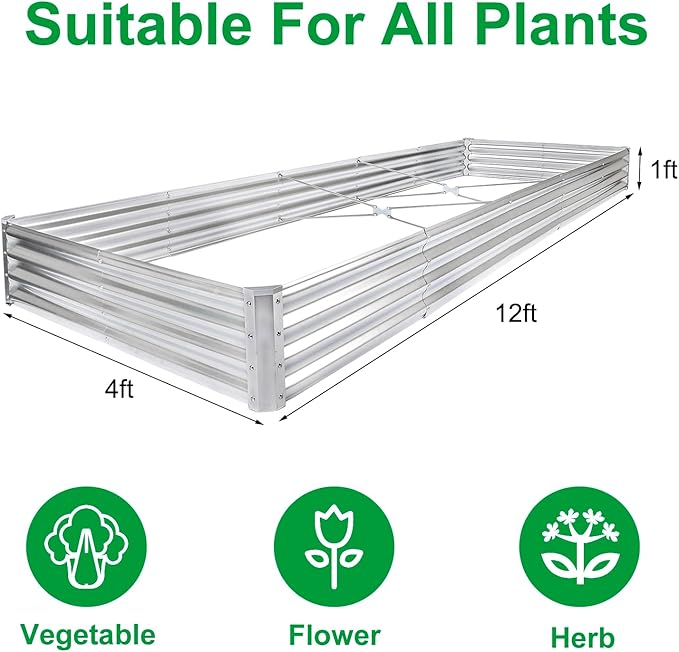 JERIA 12×4×1ft Raised Garden Bed with Support Rods,Galvanized Raised Garden Bed Kit Outdoor Metal Gardening Planter Box for Vegetable, Fruits, Flower JERIA
