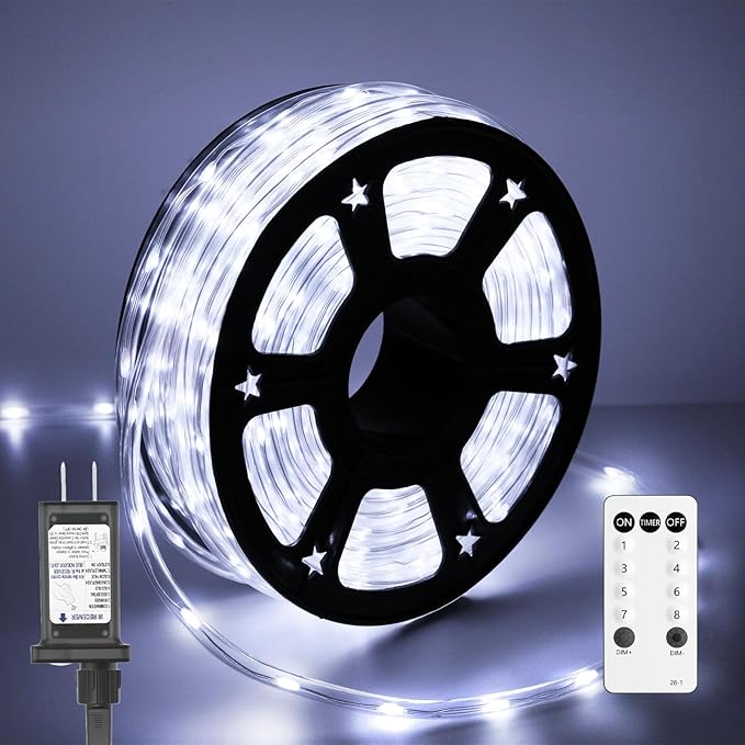 50FT 360 LED Waterproof Rope Lights Outside with Remote, 8 Modes and 4 Brightness Tube Lights for Christmas, Bedroom, Patio, Garden, Indoor Outdoor Decoration (Cool White) Soiarllt