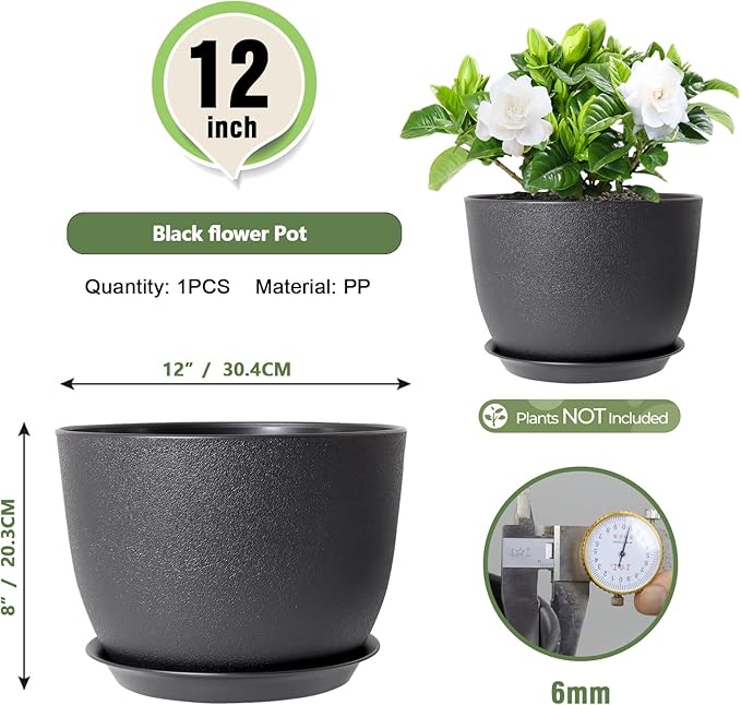 12 inch Large Plant Pots, Plastic Planters with Drainage Holes and Saucers, Flower Pots for Indoor Outdoor Plants, Modern Decorative Pots for Garden House Plants, Black Meowell