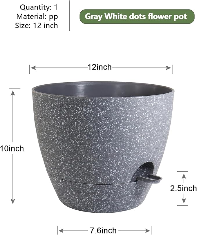 12 inch Large Self Watering Pots, Planter, Plant Pots with Mesh Drainage Holes for Indoor Outdoor House Plants and Garden, Plastic Flower Pots with Deep Reservoir, Speckled Grey WSMKSZ