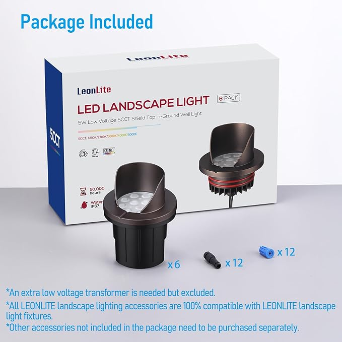 LEONLITE Dia. 4 Inch 5CCT Well Lights Landscape LED In Ground, Shielded Top, 5 Color Temperature Selectable, 12-24V AC/DC CRI90 Low Voltage Garden Landscaping, Oil Rubbed Bronze Aluminum, Pack of 6 LEONLITE