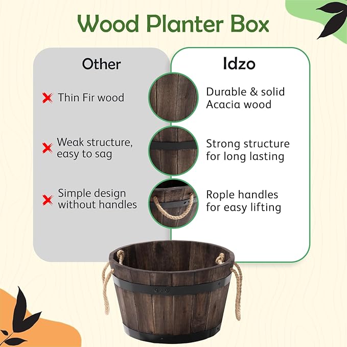 Set of 3 Wooden Flower Boxes Outdoor, Durable Acacia Wood Barrel Planters for Outdoor Plants with Ergonomic Handles, Drainage Holes, Multiple Sizes Wood Bucket Planter for Home Décor Idzo