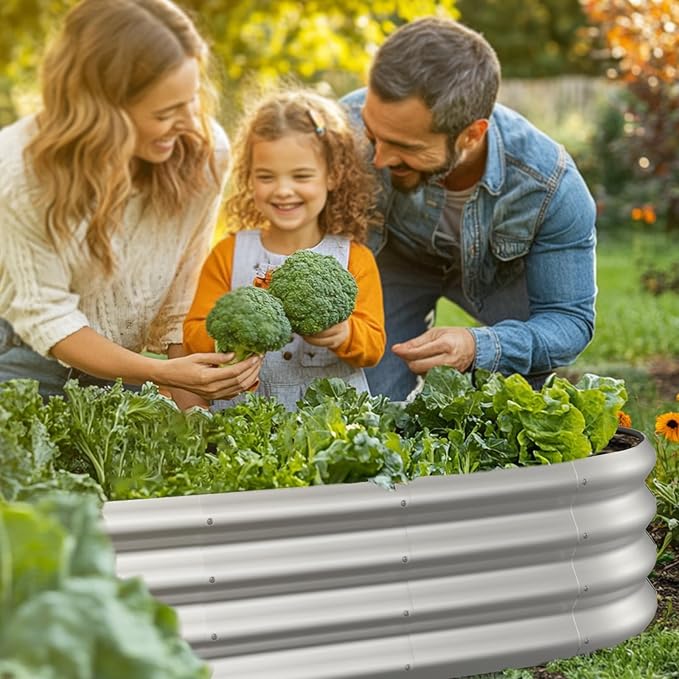 4x2x1ft Oval Galvanized Raised Garden Bed Outdoor 9-in-1 Large Metal Modular Planter Box Raised Beds for Gardening,Vegetables,Fruits,Flowers & Herbs (Silver) IDEAFAMILY