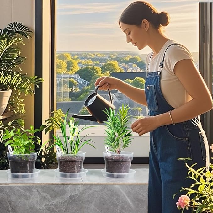 BTPLASTIK Clear Plastic Nursery Pots for Plants, 6 Inch Transparent Plant Pot with Drainage Holes, Flower Pots with Saucers, Seed Starter Pots with 15 Pcs Plant Labels, Gardening Gifts BTPLASTIK