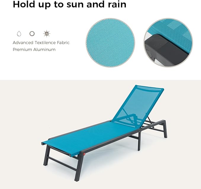 Aluminum Chaise Lounge Chair Outdoor, Foldable Patio Lounge Chair 2 Sets Assemble-Free, Pool Lounge Chairs with 5 Adjustable Backrest, Outdoor Lounge Chairs for Outside Poolside Beach Lawn Blue Rootora