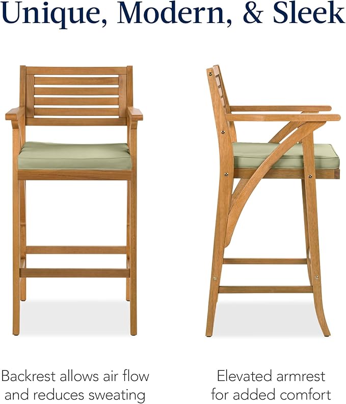 Best Choice Products Set of 2 Outdoor Acacia Wood Bar Stools Bar Chairs for Patio, Pool, Garden w/Weather-Resistant Cushions - Sage BestChoiceProducts