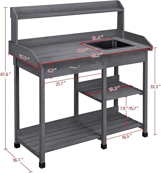 Yaheetech Outdoor Potting Bench Table Potters Benches Garden Workstation for Horticulture with Drawer/Adjustable Shelf Rack/Removable Sink/Hooks/Pads, Gray Yaheetech