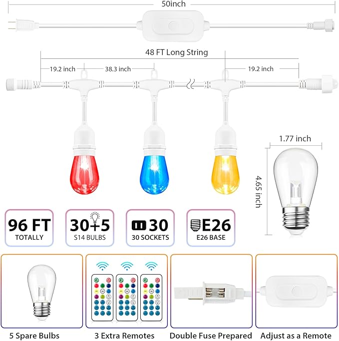 Mlambert 96Ft(2x48ft) Outdoor Patio Lights, RGB Cafe String Lights with Remote Control and 30+5 Dimmable LED Bulbs for Backyard Graden-White 2 Pack Mlambert
