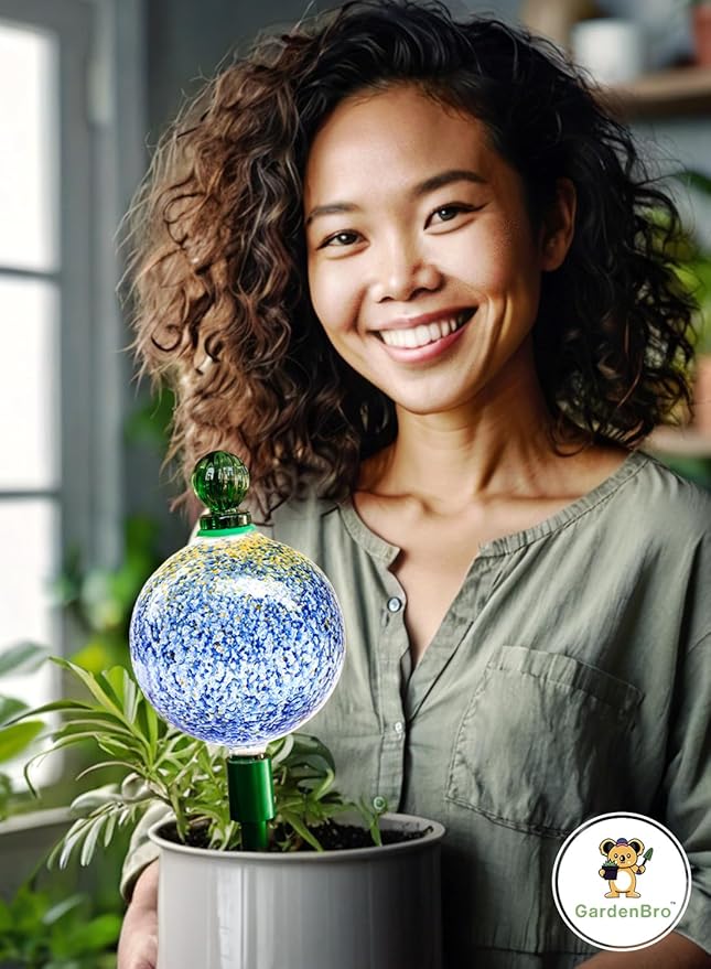 16 Oz Plant Watering Globes for Indoor Plants with Metal Self Watering Planter Insert - Premium XL Glass Hand-Blown Globe - Automatic Plant Waterer Indoor, Gift Idea for Gardener [1 Globe, Blue Gold] GARDENBRO