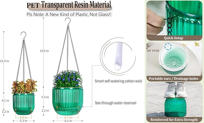 Melphoe 2 Pack Self Watering Hanging Planters Indoor Flower Pots, 5.3/8.3 Inch Outdoor Hanging Basket, Plant Hanger with 3Hooks Drainage Holes for Garden Home (Emerald) Melphoe