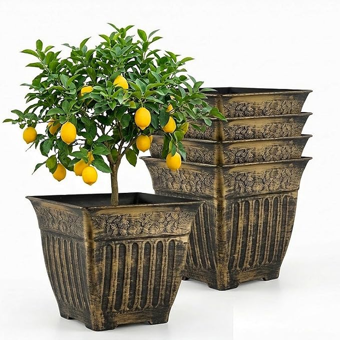 14 Inch Vintage Square Planter - 4 Pack Heavy Duty Antique Gold Plastic Flower Pot with Drainage & Raised Base, Retro Distressed Style Plant Container for Outdoor Patio, Porch, Indoor (7 Gallon) BTPLASTIK