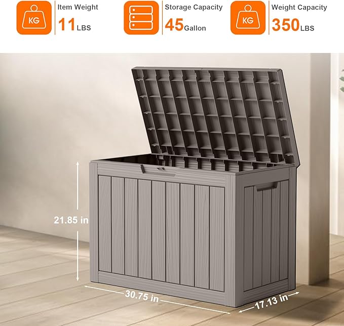 45 Gallon Resin Deck Box, Lockable Patio Outdoor Storage Box for Furniture, Garden Tools and Tools Storage, Waterproof Outside Storage Boxes - Grey OutdoorLivingPerfected