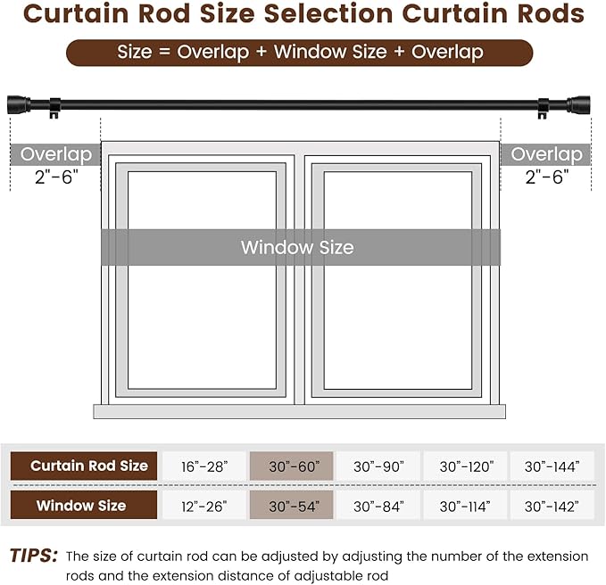 1” Diameter Matte Black Curtain Rod Itself is 30-60 inch 2 Pack, Fit 30 to 56 Windows with Heavy Duty Adjustable Telescopic Rod，Splicing Metal Extra Long Curtain Rod for Windows Sliding Glass Door Rootora