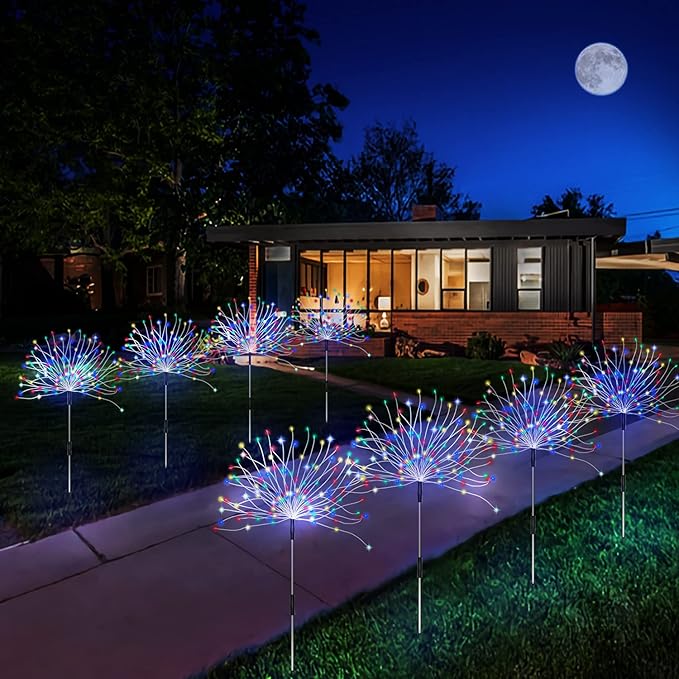 Outdoor Solar Garden Lights, 4 Pack 120 LED Copper Wire Waterproof Garden Fireworks Lamp with Remote, 8 Modes Decorative Sparkles Stake Landscape Light for Pathway Lawn Decor (Colorful) Unihoh
