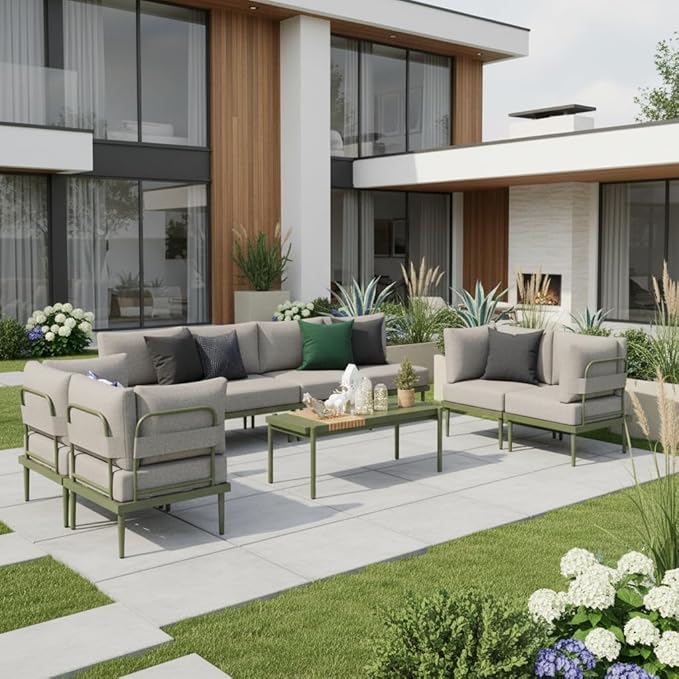 Sundale Outdoor 9 Pieces Patio Furniture Set, U-Shaped Outdoor Sectional Sofa with 6 Inch Olefin Cushion and Coffee Table, Modern Metal Outdoor Conversation Sets for Backyard, Poolside SundaleOutdoor