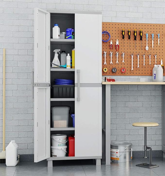 Keter Storage Cabinet with Doors and Shelves for Laundry Room, Garage, Bathroom Accessories, Closet and Home Organization, White & Grey Keter
