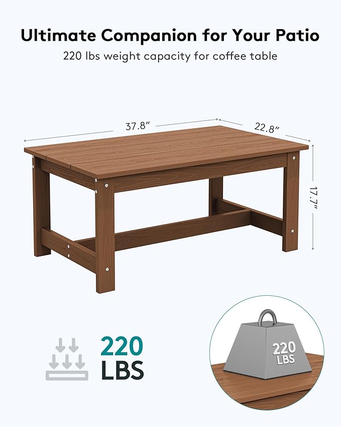 SERWALL HDPE Patio Coffee Table, Rectangle Outdoor Coffee Table, All-Weather Coffee Side Table for Balcony, Poolside, Deck, Garden, Brown SERWALL